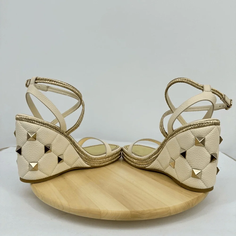 Valentino Garavani Roman Stud Wedge Espadrille Sandals Leather Cream EU 42 US 11